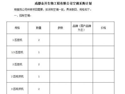 成都金開生物工程有限公司空調(diào)采購計劃